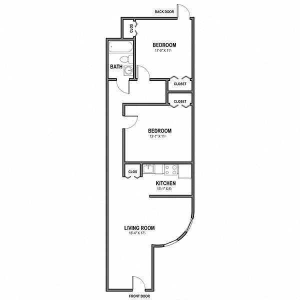 Floor plan for 2 beds, 1 bath, 783 sqft